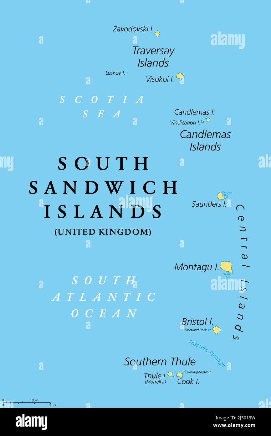 Isole Sandwich meridionali, mappa politica. Parte del territorio britannico d'oltremare della Georgia del Sud e delle Isole Sandwich del Sud. Gruppo di isole. Foto Stock
