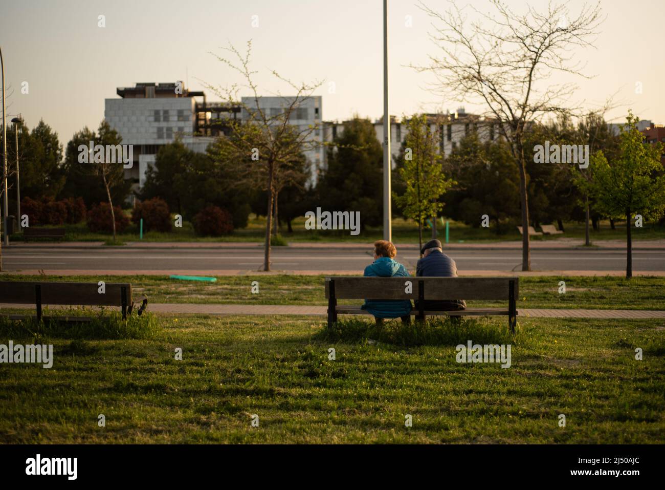 coppia elderosa in un parco al tramonto Foto Stock