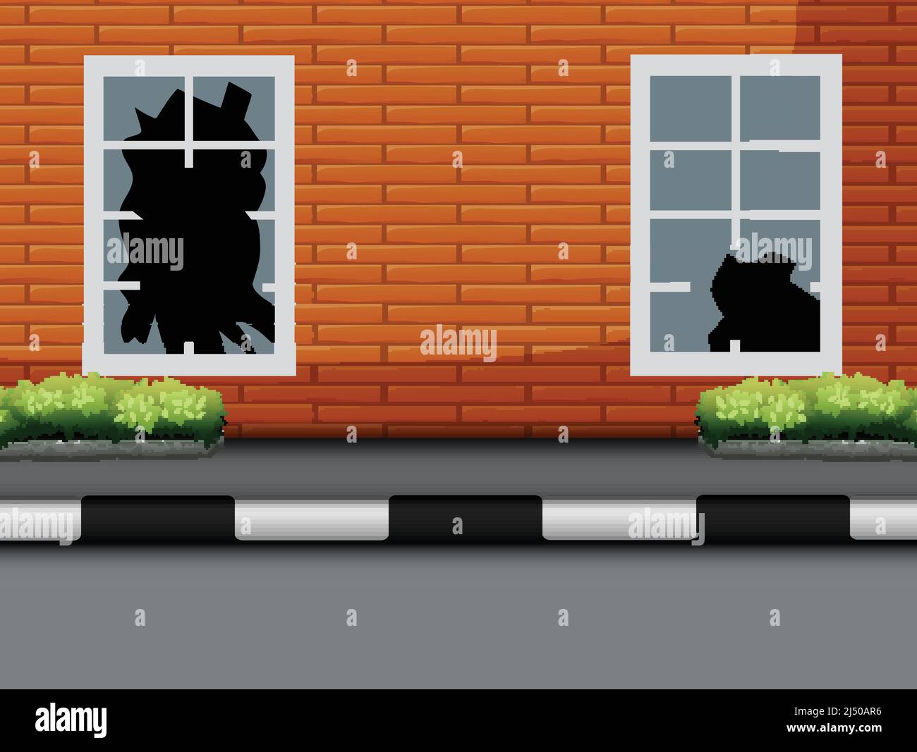 Finestra con vetro rotto su muro di mattoni rossi Illustrazione Vettoriale