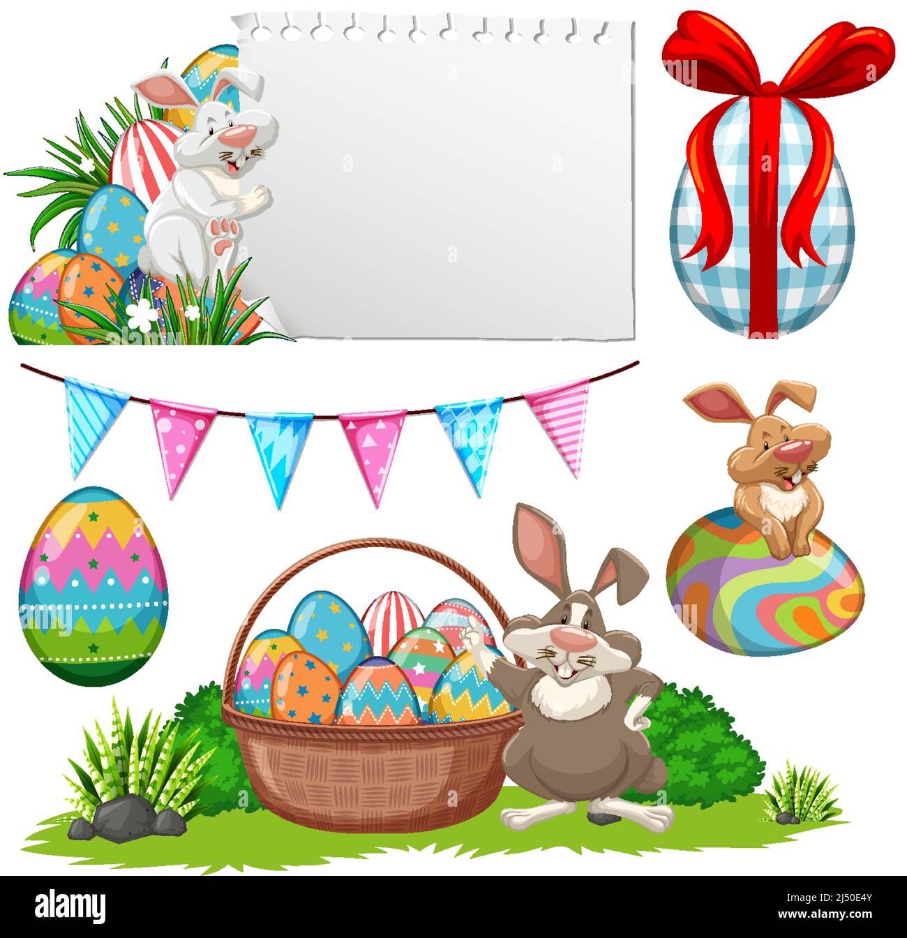 Tema di Pasqua con coniglietto e uova in illustrazione giardino Illustrazione Vettoriale