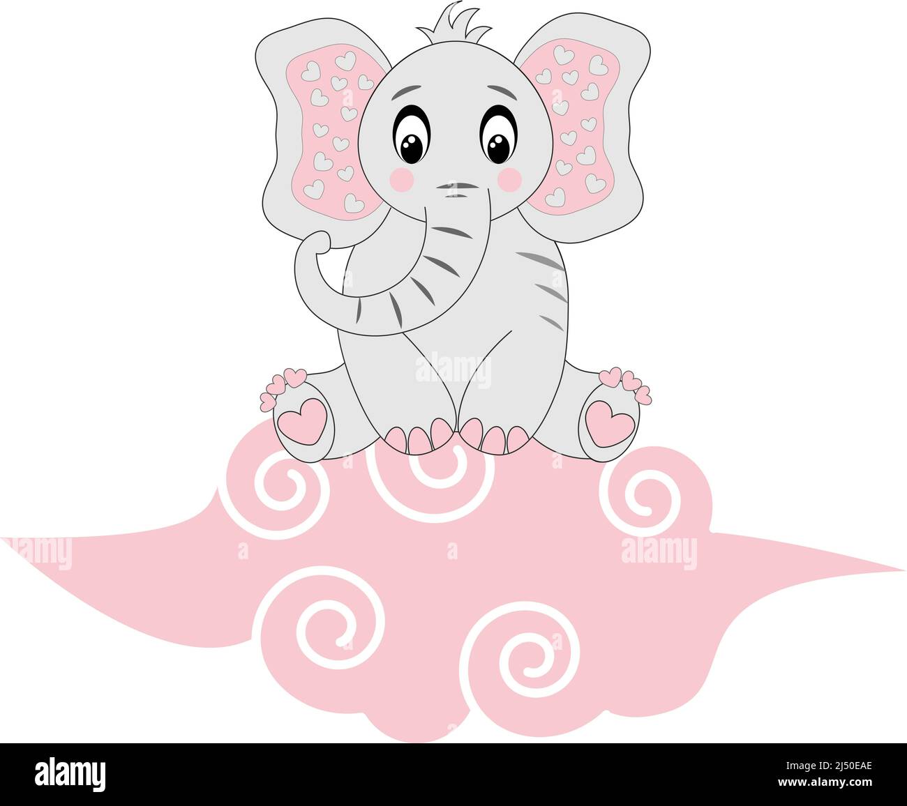 Carino elefante Cartoon su una nuvola rosa. Disegno vettoriale isolato dell'elefante del bambino di Kawaii. Illustrazione Vettoriale