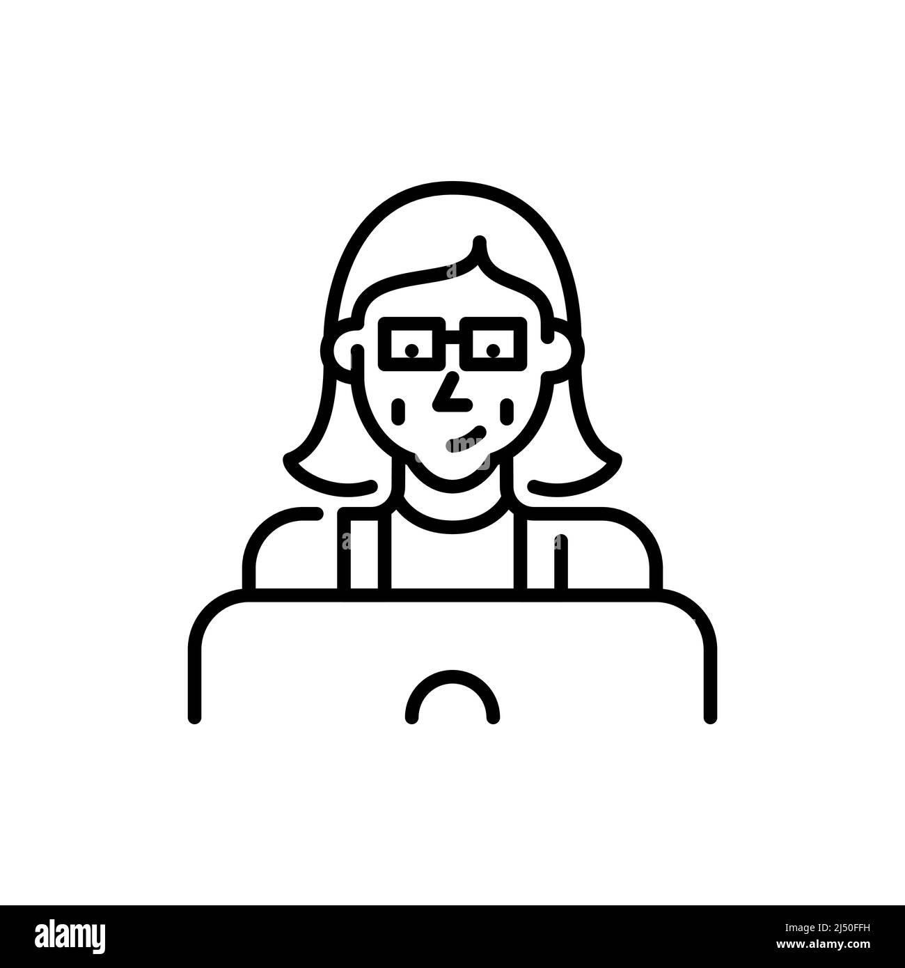 Donna anziana che usa un notebook. Lavorando sulla sua azienda, imparando, comunicando. Icona tratto modificabile pixel Perfect Illustrazione Vettoriale