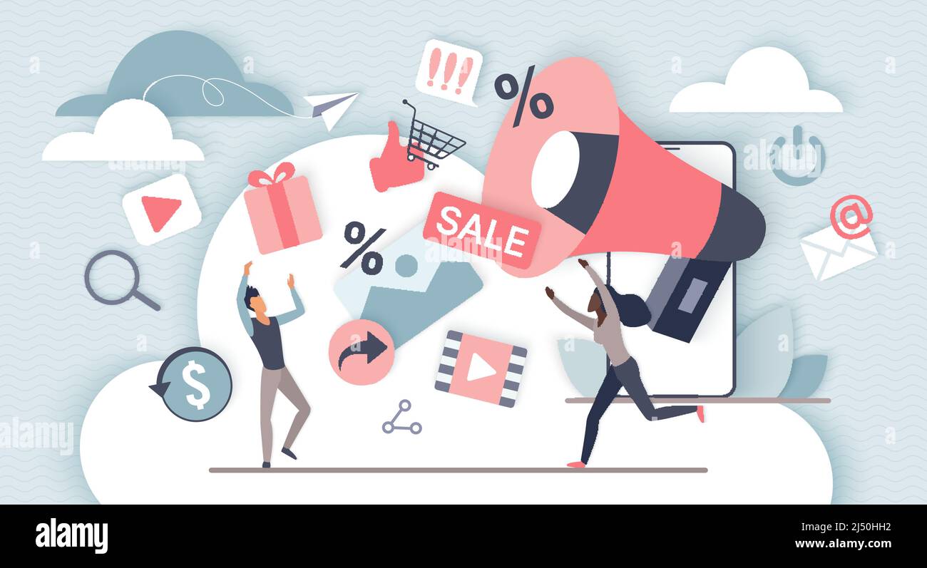 Strategia di marketing online. Clienti della gente minuscola con generazione del megaphone dei regali, revisioni positive, segno di sconto e email che fa pubblicità all'illustrazione piatta del vettore. Concetto di annuncio di vendita Illustrazione Vettoriale