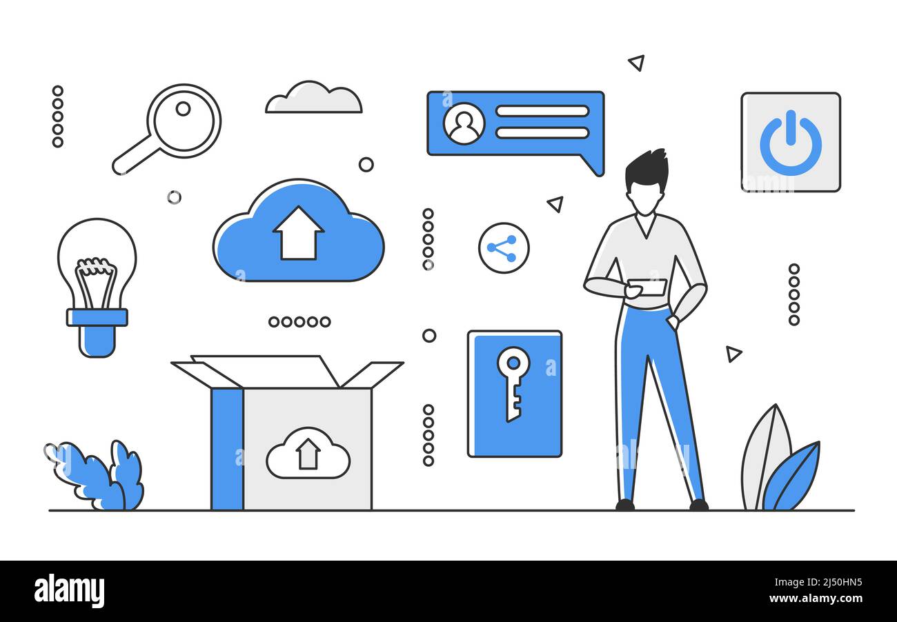 Tecnologia digitale basata su cloud. Sistema di elaborazione online, servizio di archiviazione Internet vettore monocolore illustrazione Illustrazione Vettoriale