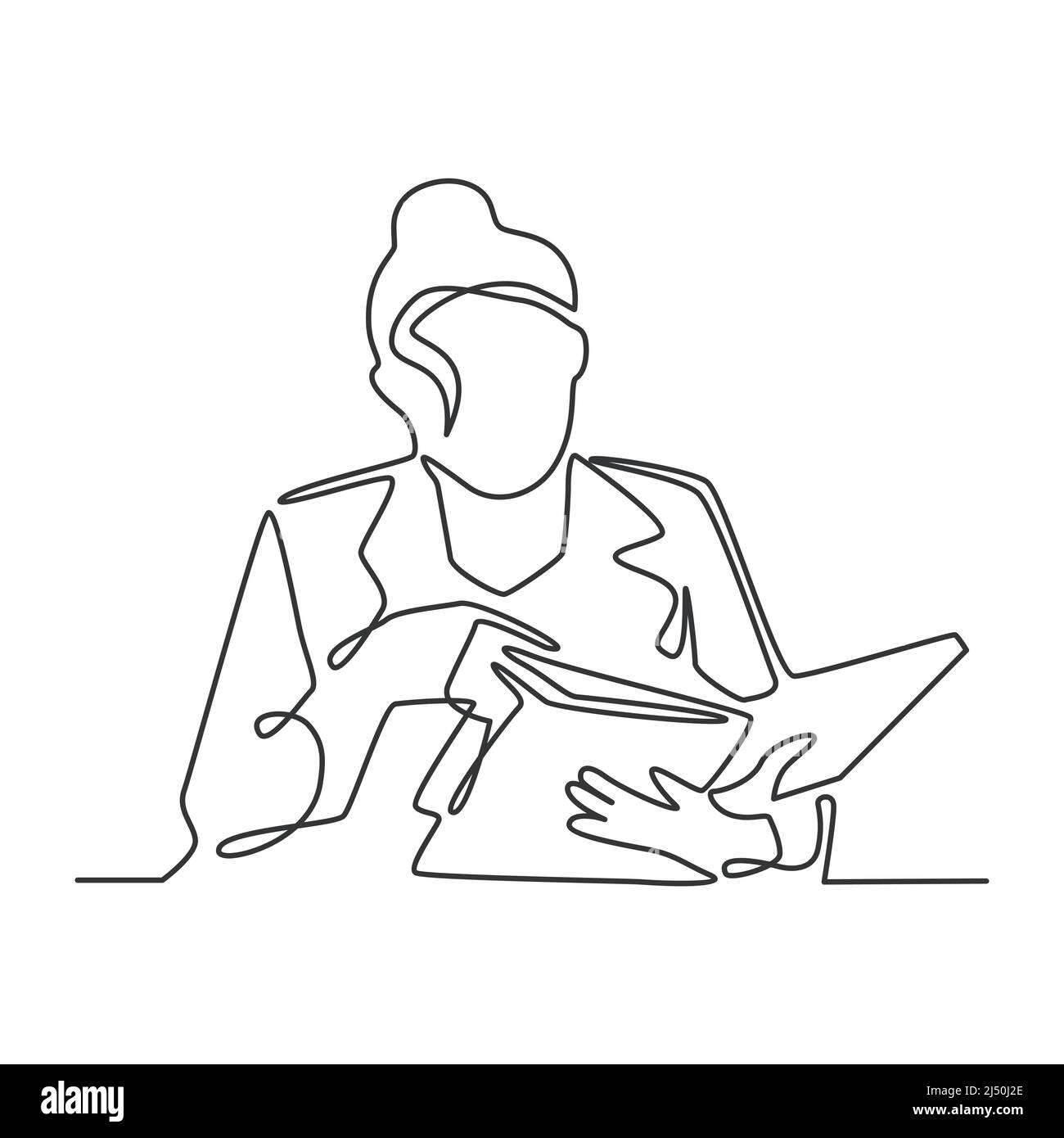Business Woman Reading Document Office Work Concept Continuous Line Drawing Illustration Illustrazione Vettoriale