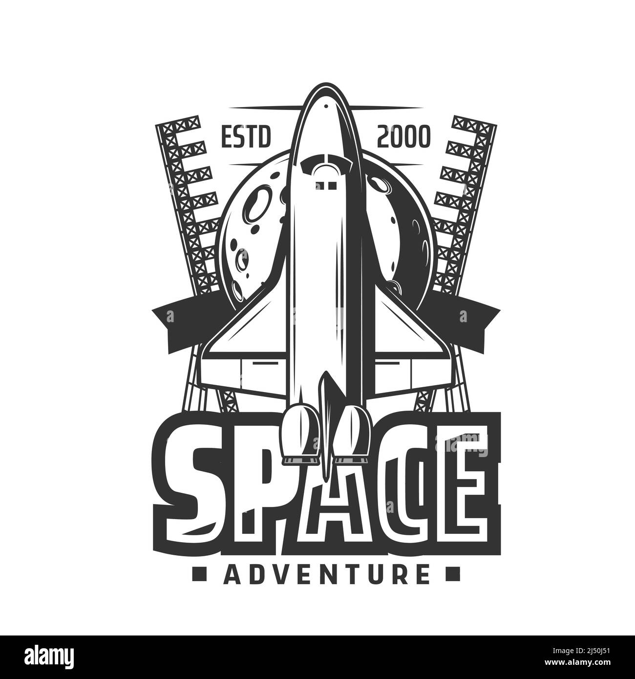 Icona Space Shuttle, razzo all'inizio e luna con emblema vettore crateri. Navicella spaziale lasciare la Terra per esplorare la galassia. COSMOS ricerca, esplorazione e indagine mission isolato etichetta monocromatica Illustrazione Vettoriale