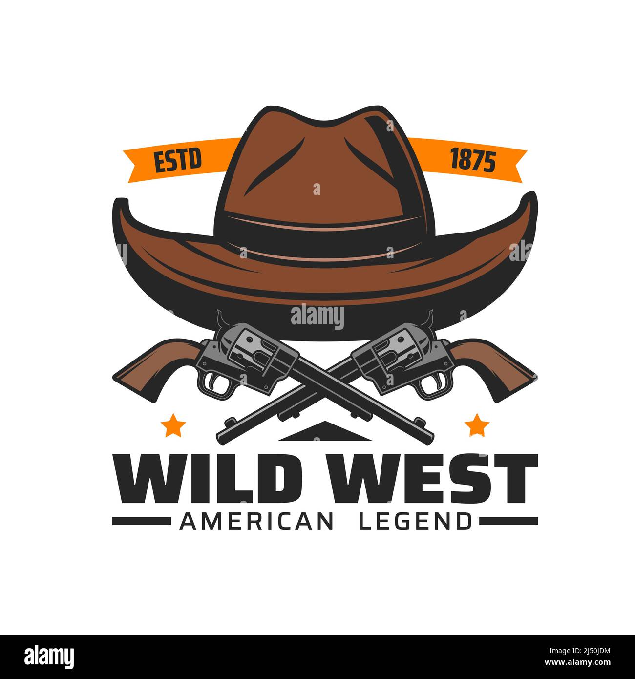 Cappello da cowboy e pistole icona vettoriale di Wild West o Western rodeo design. Pistole incrociate o revolver di sceriffo americano e cappello in pelle marrone con stelle e nastri simbolo isolato Illustrazione Vettoriale