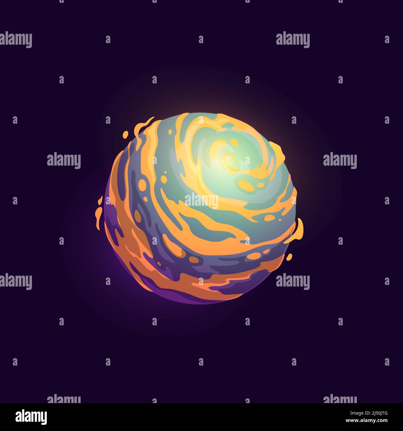 Pianeta spaziale con nebulosa arancione, icona del fumetto vettoriale della galassia fantasy. Pianeta galattico con superficie lavica in un universo fantastico, mondo spaziale con crateri ardenti e meteore di fuoco o asteroidi cosmici Illustrazione Vettoriale