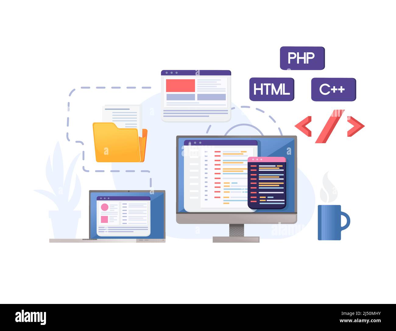 Concetto per lo sviluppo utilizzando linguaggi di programmazione con illustrazione vettoriale di dati di condivisione online su sfondo bianco Illustrazione Vettoriale