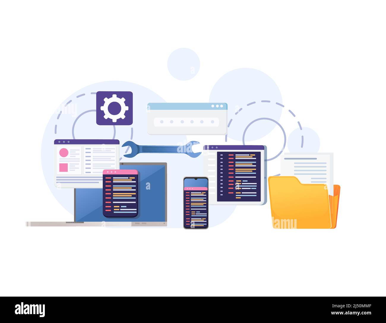 Concetto per lo sviluppo utilizzando linguaggi di programmazione con illustrazione vettoriale di dati di condivisione online su sfondo bianco Illustrazione Vettoriale