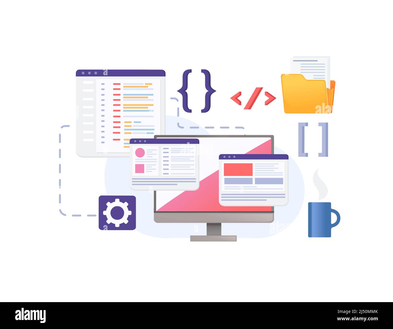 Concetto per lo sviluppo utilizzando linguaggi di programmazione con illustrazione vettoriale di dati di condivisione online su sfondo bianco Illustrazione Vettoriale