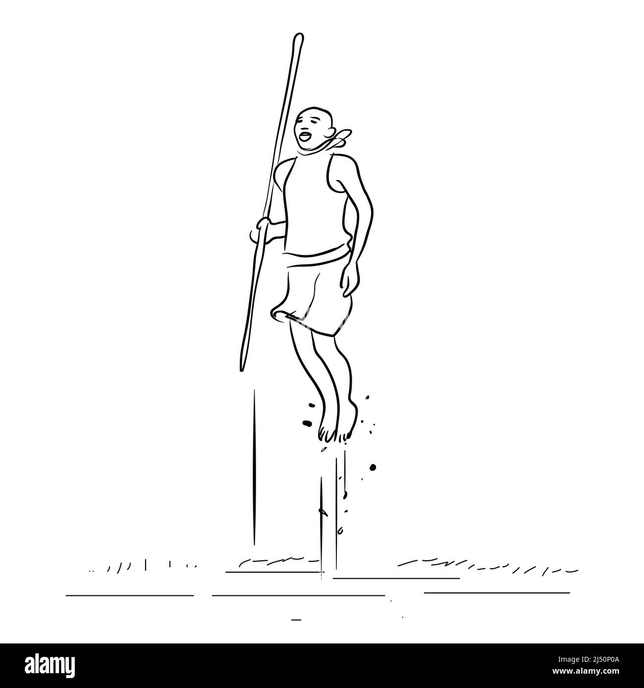 Danza etnica uomo africano, salto danza africana, illustrazione, linea arte Illustrazione Vettoriale
