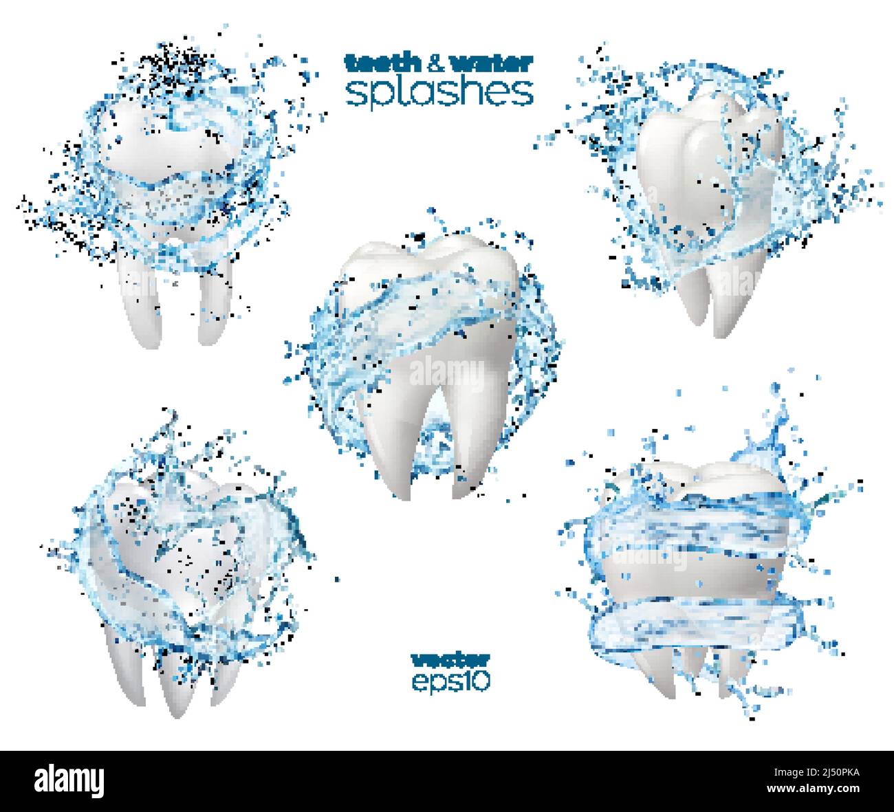 Sciacquare la bocca, lavare i denti con acqua fredda, igiene dentale e cura. Isolato vettore bianco dente sano con onda liquida rotonda o vortice con spruzzi, 3D annunci per la salute orale Illustrazione Vettoriale