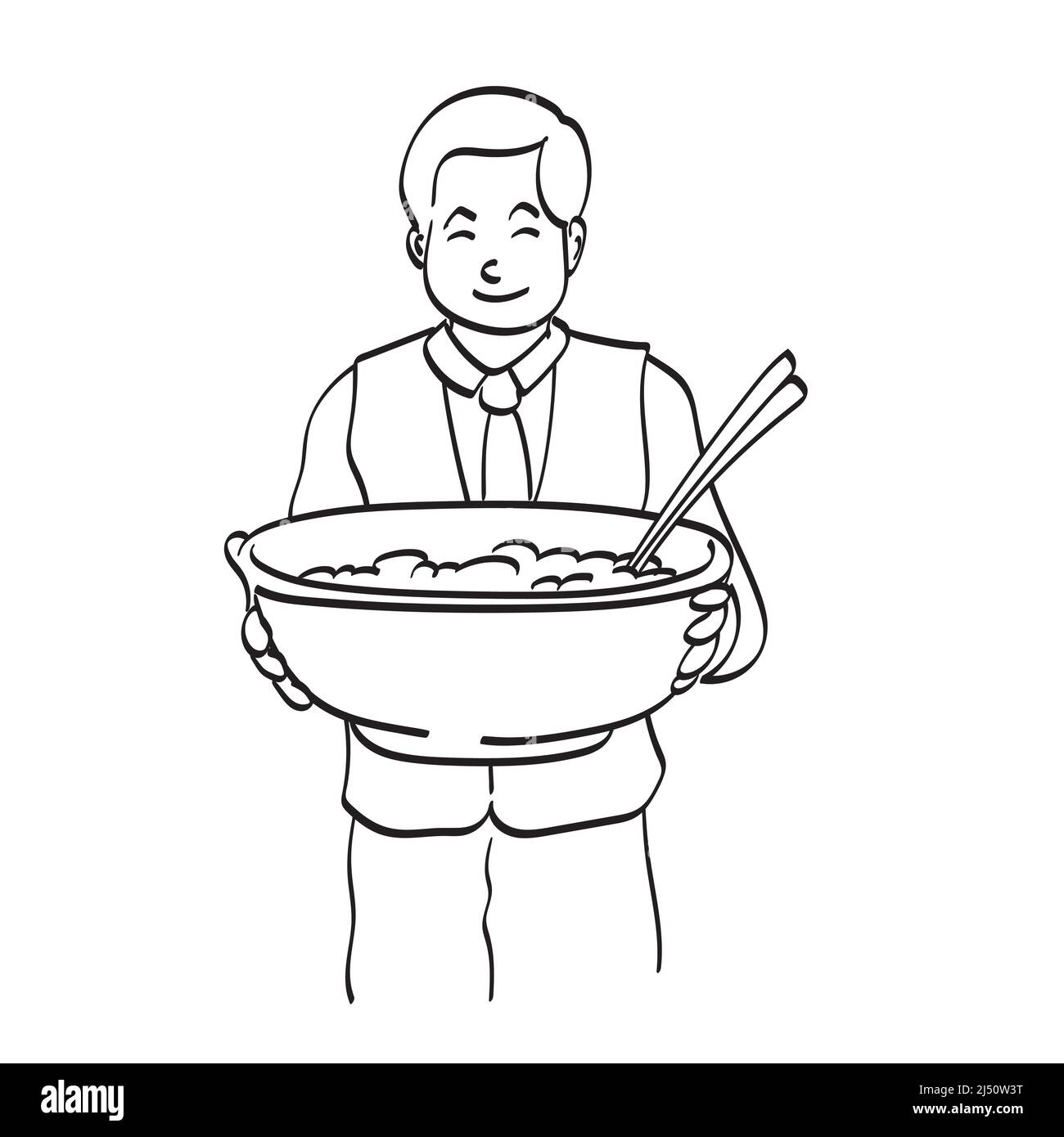 cameriere asiatico maschio che tiene grande ciotola di spaghetti illustrazione vettore disegnato a mano isolato su bianco sfondo linea art. Illustrazione Vettoriale