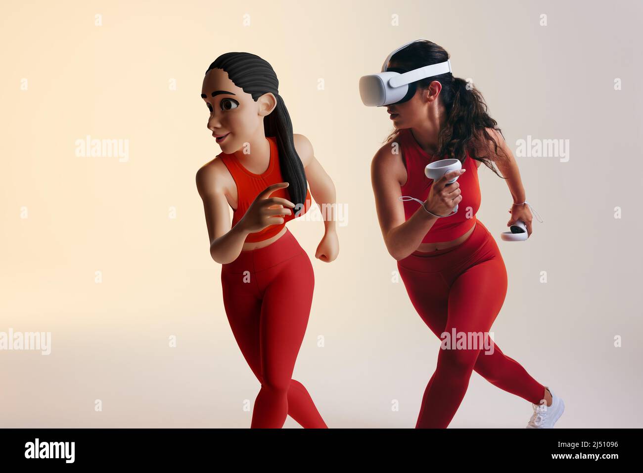 fitness nella metaversa. Giovane donna sportiva che gioca a un gioco di fitness in realtà virtuale come avatar 3D. Giovane atletica che corre con la realtà virtuale Foto Stock