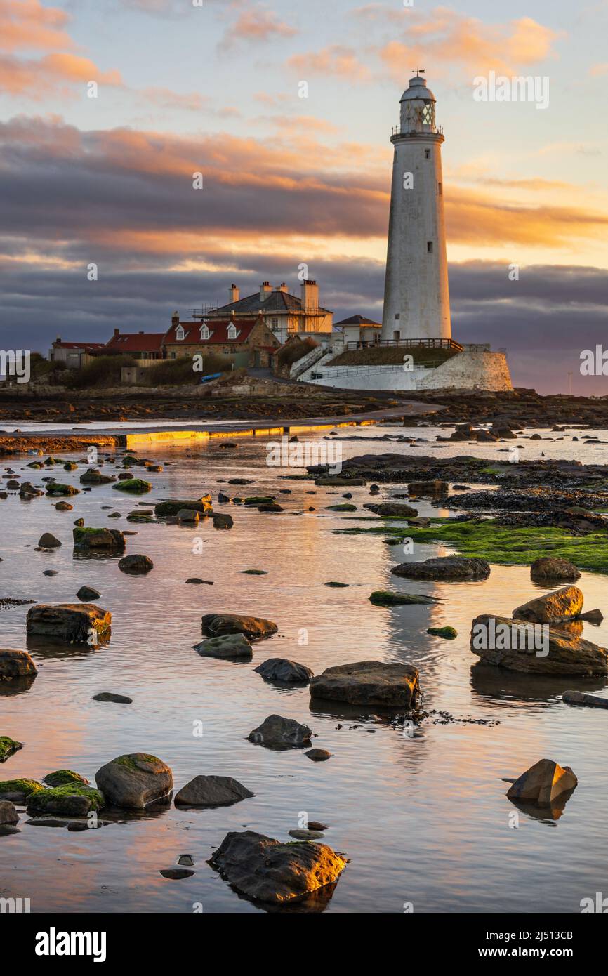 Alba al faro di St. Mary a Whitley Bay, North Tyneside, Regno Unito. Il faro è un edificio classificato di grado II Foto Stock