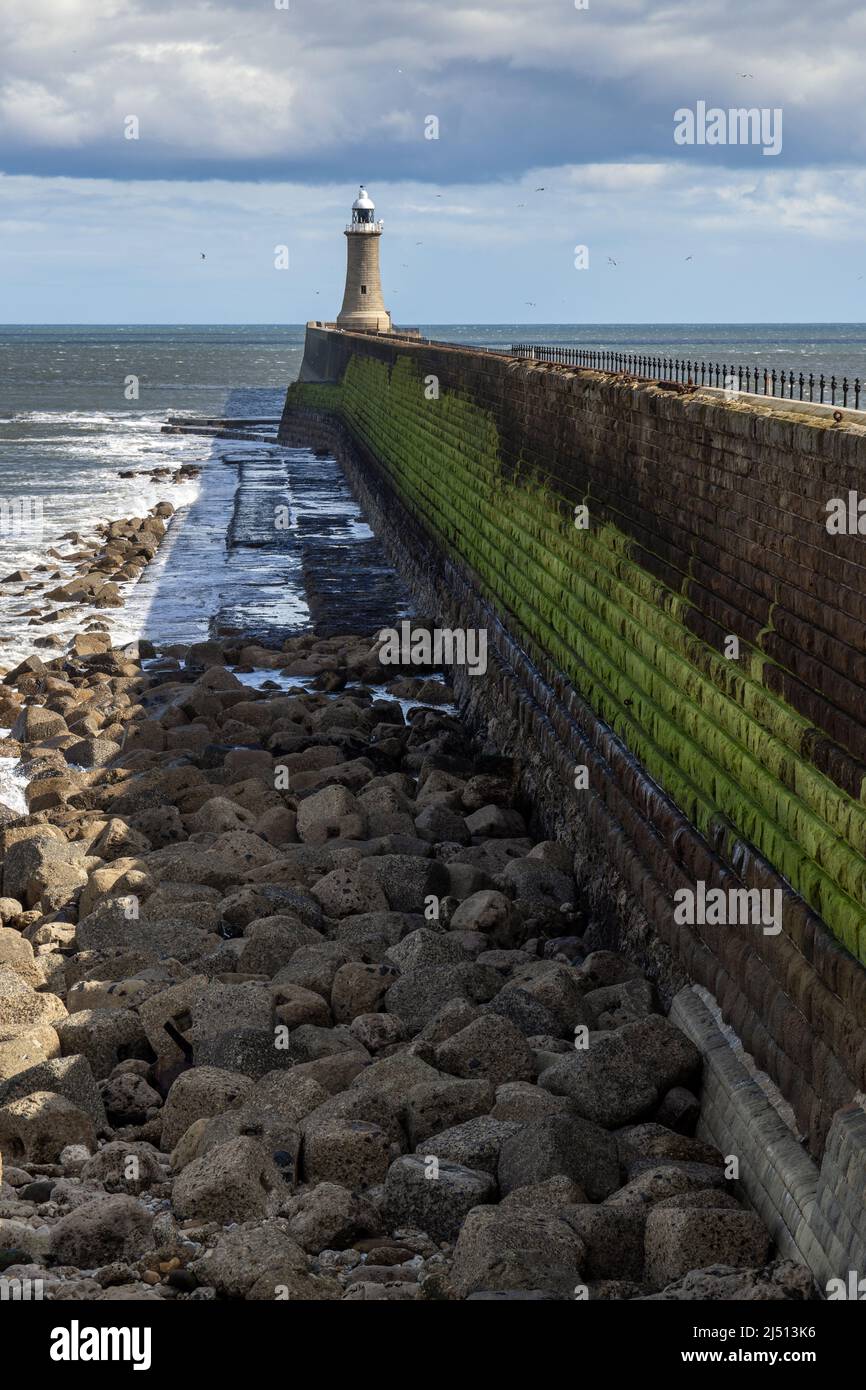 Molo e faro di Tynemouth North alla foce del fiume Tyne, in una giornata di sole primaverile. Foto Stock