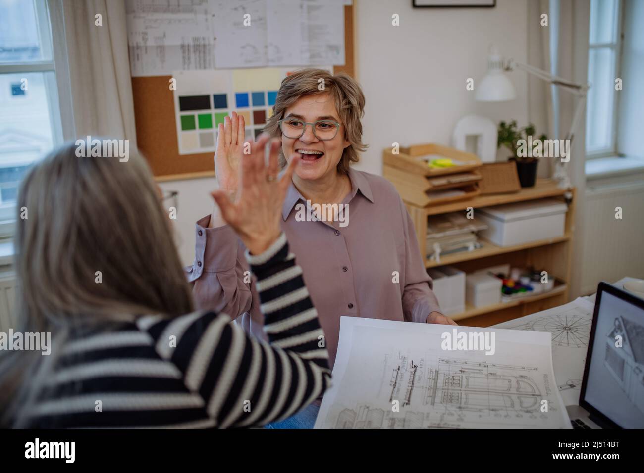 Le donne anziane sono eco architetti con progetti che lavorano insieme su un notebook in ufficio, hanno un'alta capacità di fidarsi e hanno successo. Foto Stock