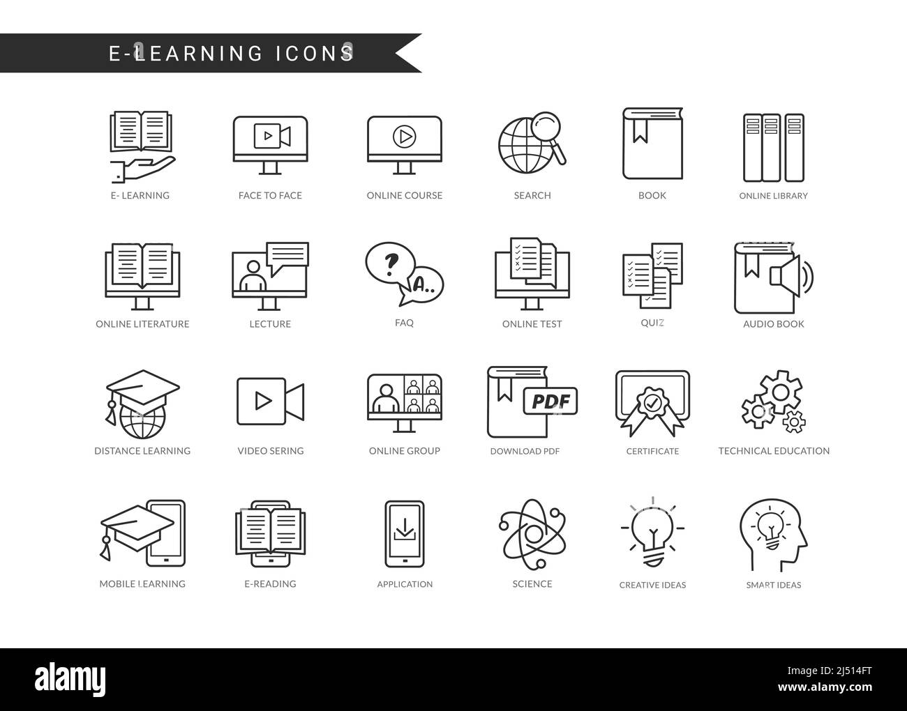 Set vettoriale icone e-learning. Icone dei simboli eLearning in disegno lineare con simbolo della tecnologia e della conoscenza per l'apprendimento didattico online. Illustrazione Vettoriale