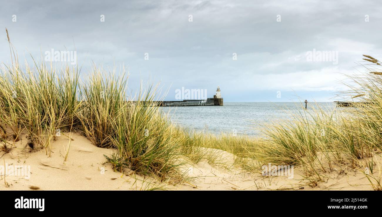 Pianerottoli e faro di Blyth nel Northumberland, visto dalle dune e dalla spiaggia di erba di marram. Foto Stock