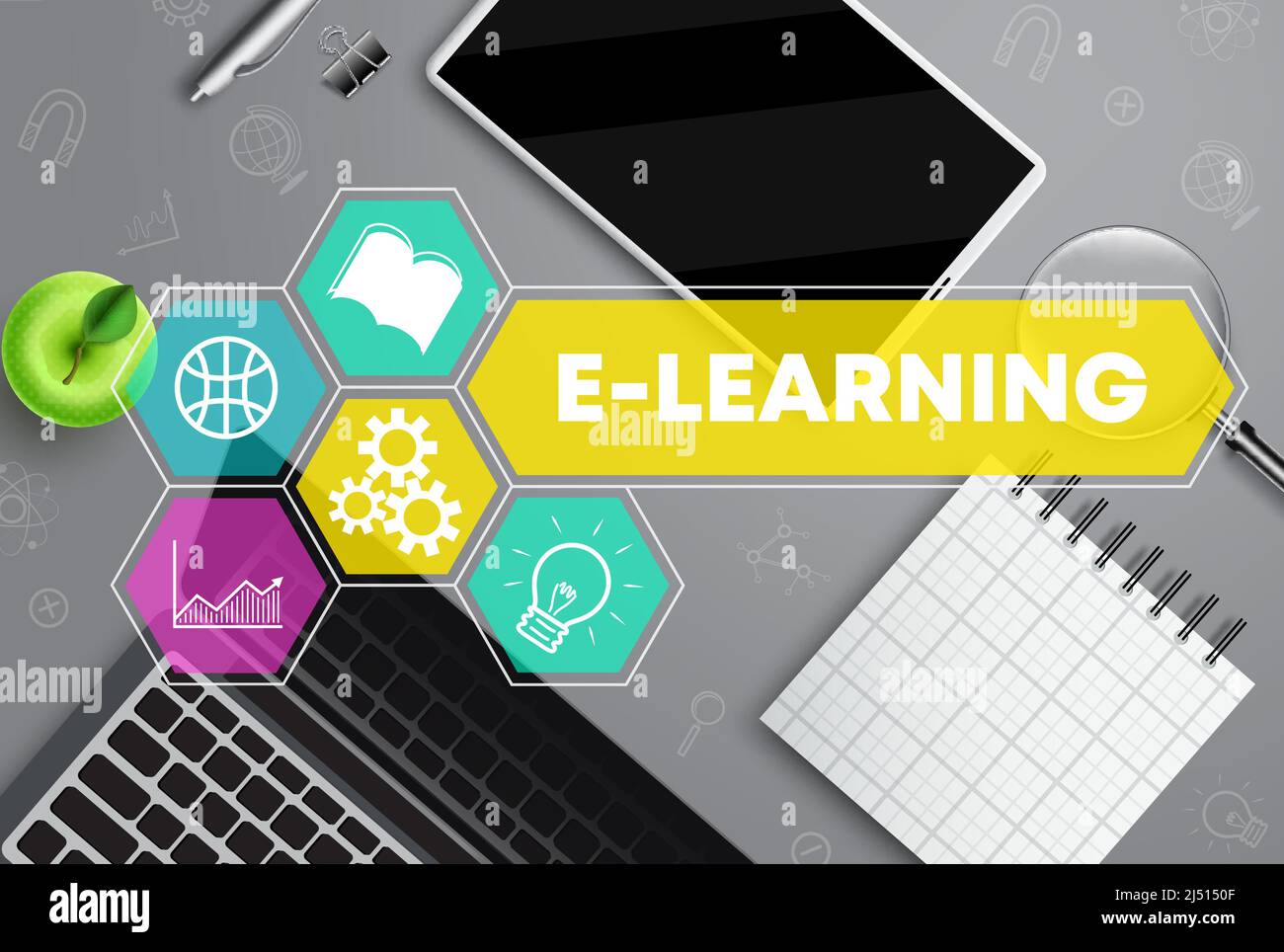 Progettazione vettoriale di e-learning. Testo di eLearning con notebook, tablet e blocchi note per gli elementi dello studio scolastico per l'apprendimento a distanza e il corso online. Illustrazione Vettoriale