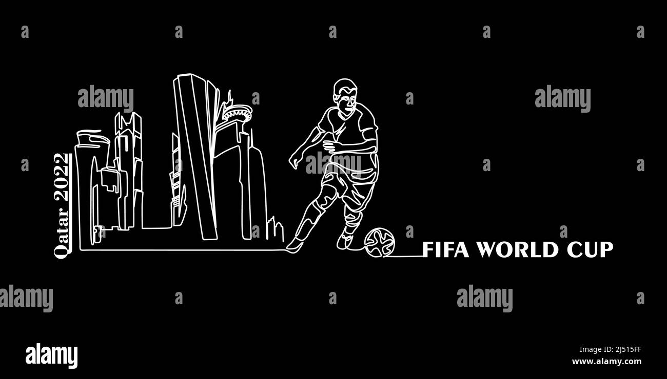 Banner della Coppa del mondo FIFA in Qatar nel 2022. Illustrazione stilizzata Vector isolato con calcio o giocatore di calcio con la palla sullo sfondo del ca Illustrazione Vettoriale