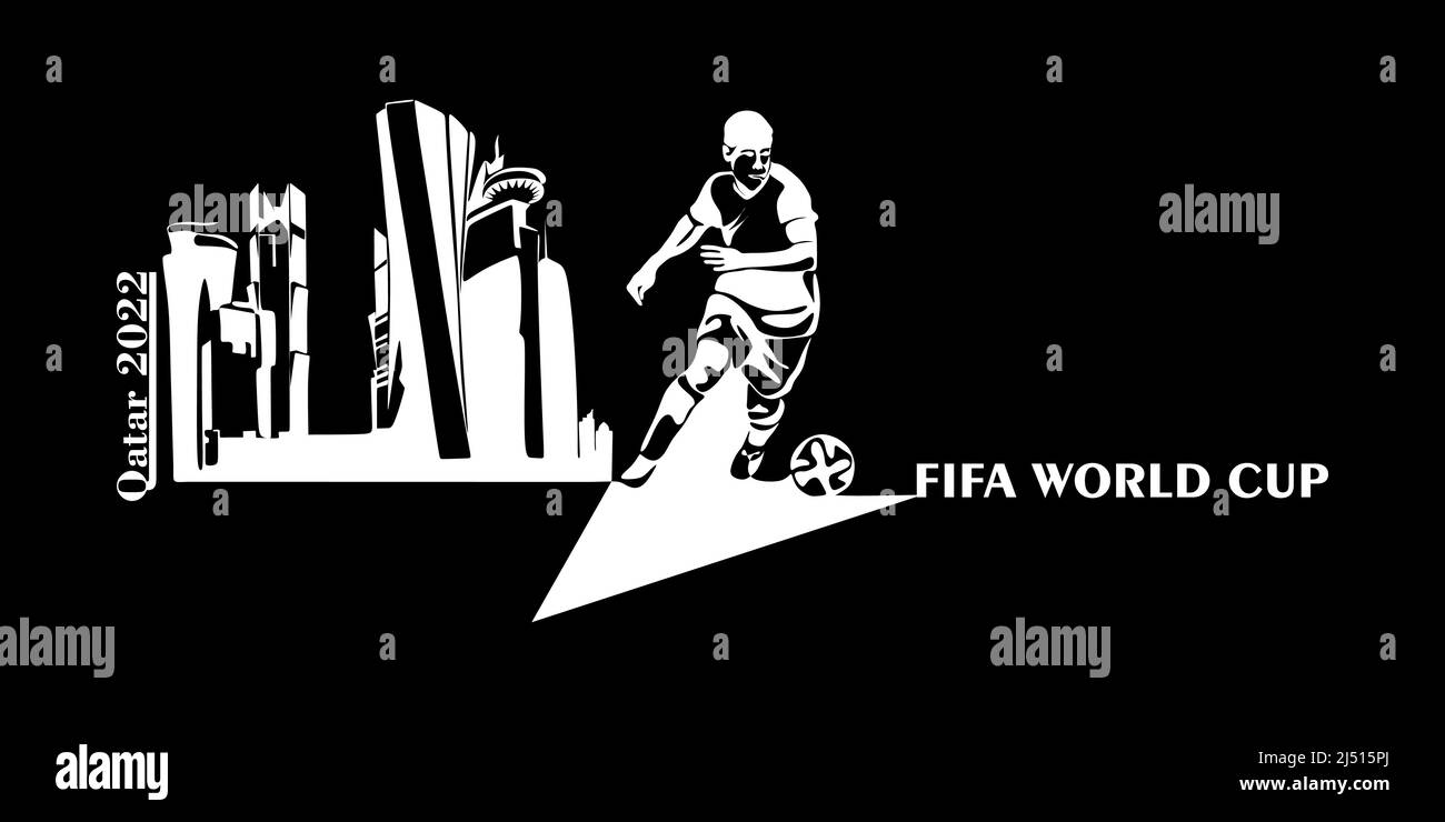 Banner della Coppa del mondo FIFA in Qatar nel 2022. Illustrazione stilizzata Vector isolato con calcio o giocatore di calcio con la palla sullo sfondo del ca Illustrazione Vettoriale