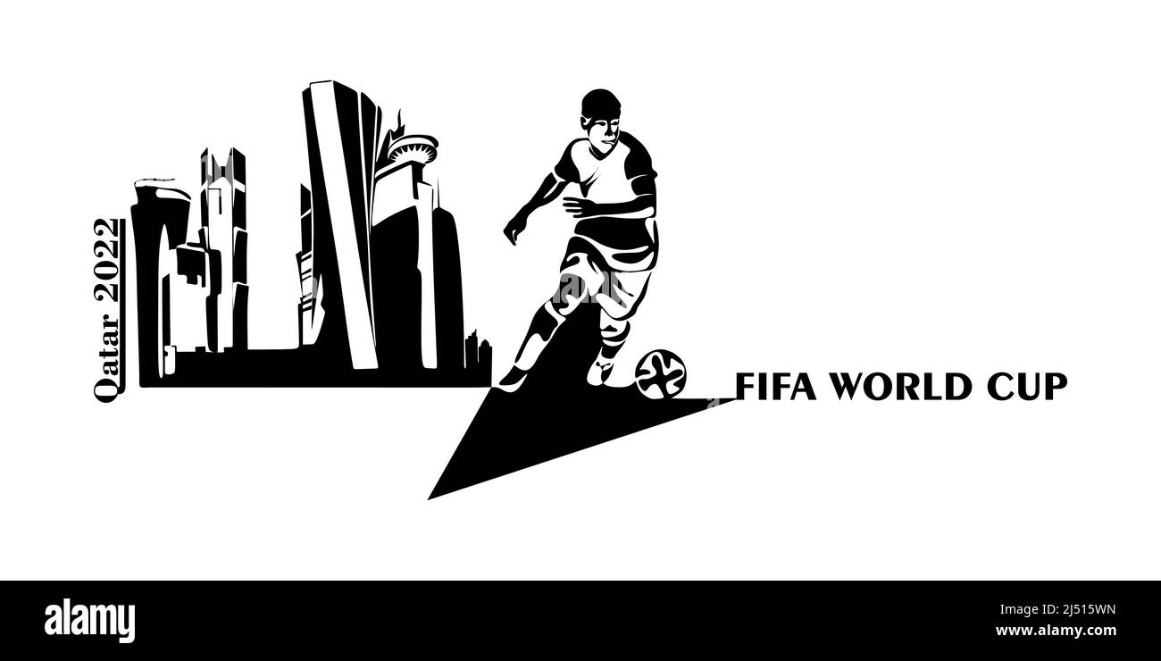 Banner della Coppa del mondo FIFA in Qatar nel 2022. Illustrazione stilizzata Vector isolato con calcio o giocatore di calcio con la palla sullo sfondo del ca Illustrazione Vettoriale