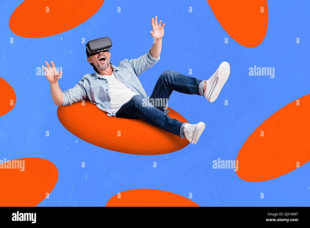 Illustrazione collage creativo di persona positiva stupefatta nuova esperienza vr simulazione video gioco Foto Stock