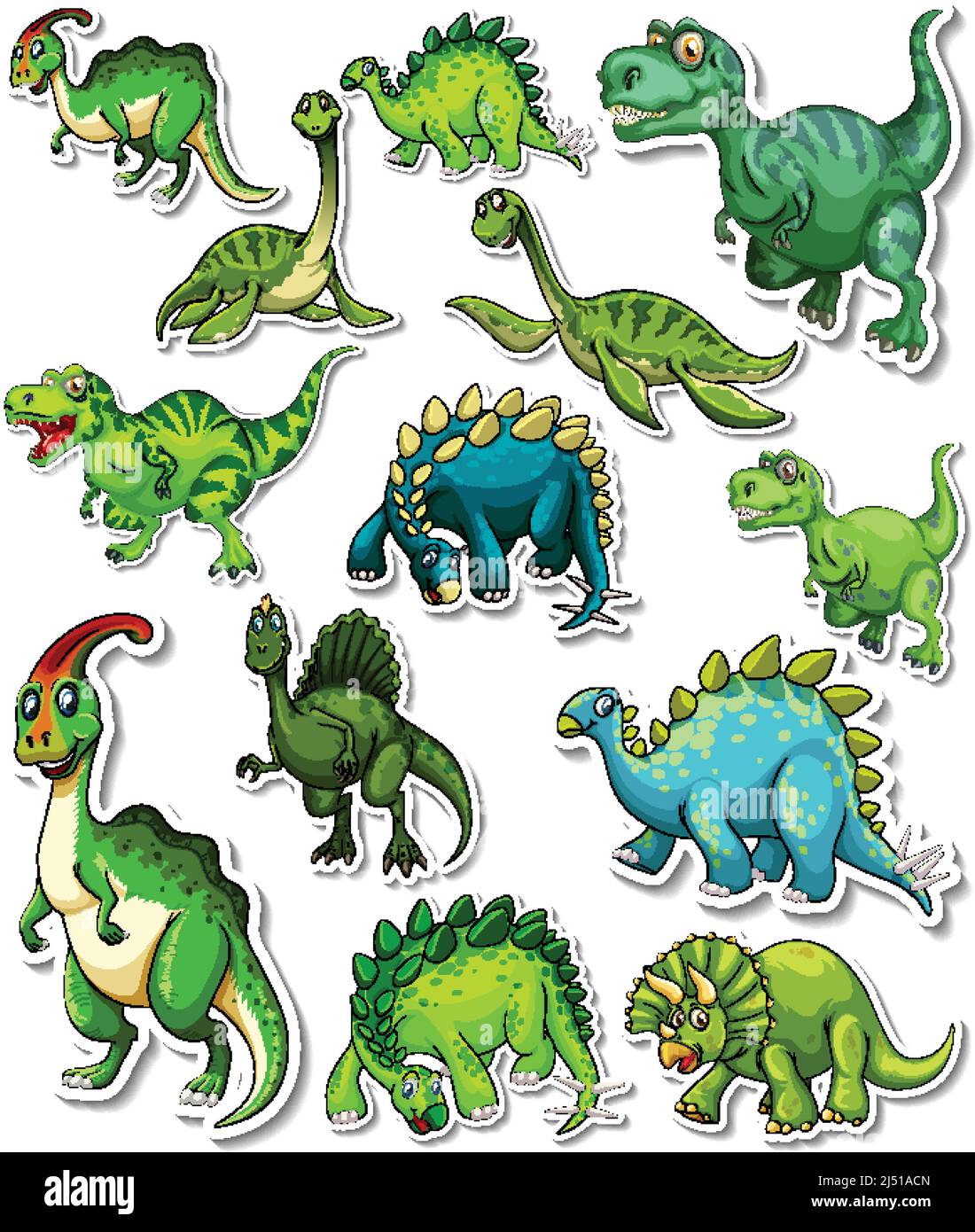 Set di adesivi di diversi dinosauri cartoni animati Illustrazione Vettoriale