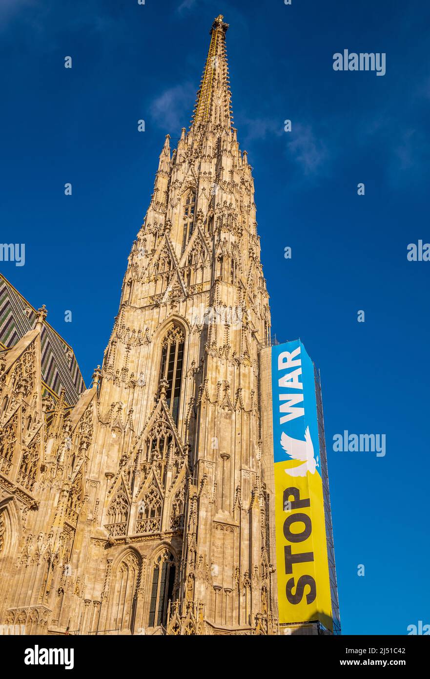 Bandiera ucraina con testo STOP Guerra appeso alla Cattedrale di Santo Stefano o Stephansdom Foto Stock