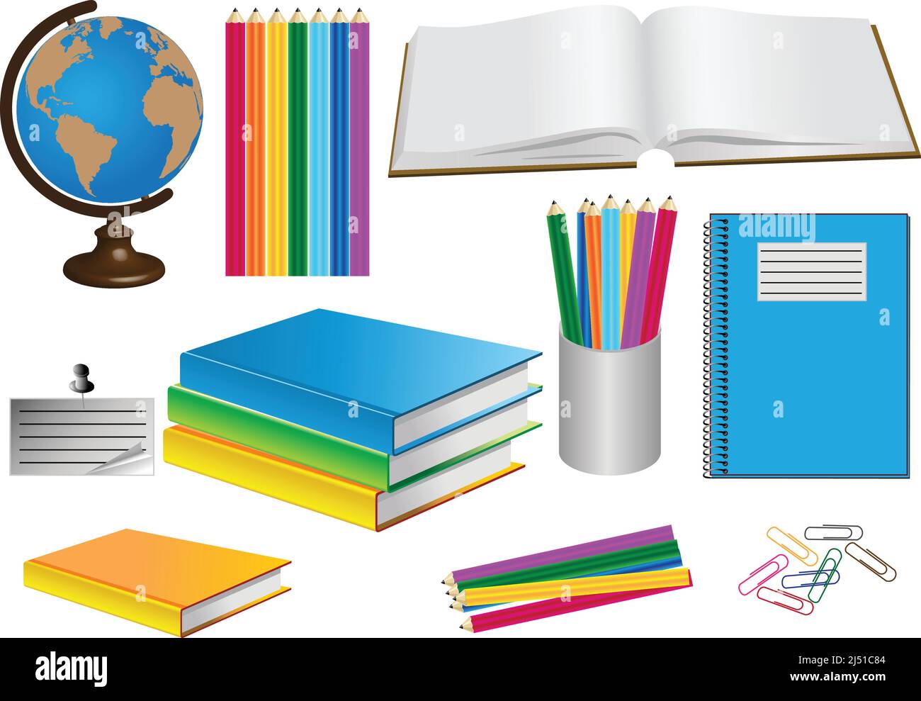 Immagini a colori dei beni scolastici: Globo, copy-book, libri di testo, matite, paper-clip Illustrazione Vettoriale