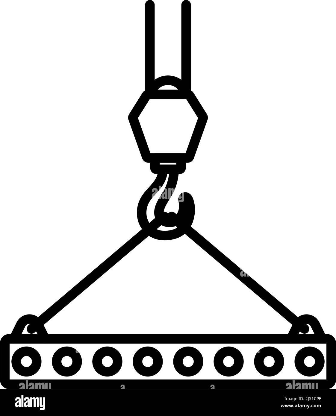 Icona di lastra appeso su Crane Hook da imbracature a fune. Design di contorni in grassetto con larghezza traccia modificabile. Illustrazione vettoriale. Illustrazione Vettoriale