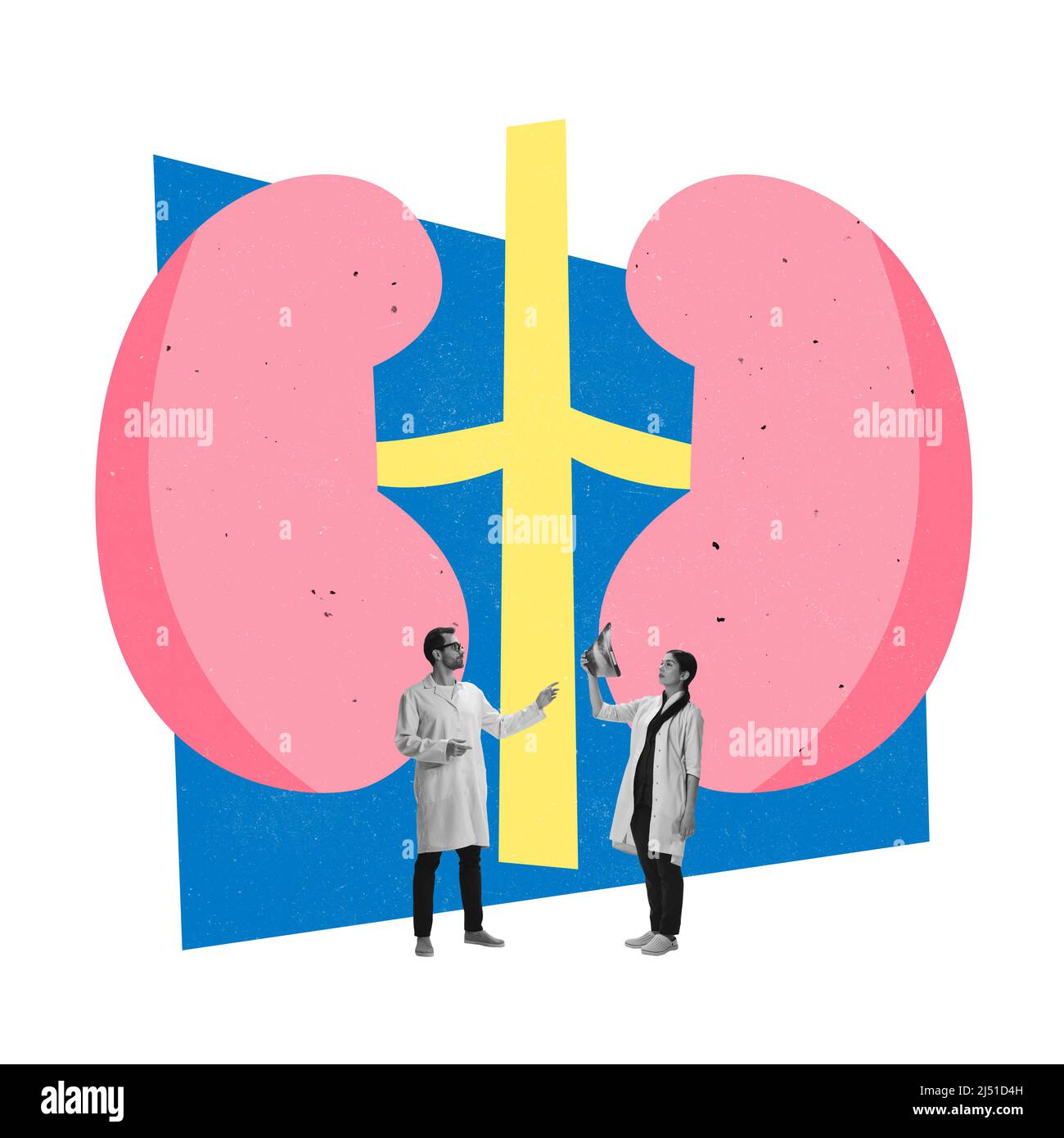 Collage d'arte contemporanea. Due medici, uomo e donna che guardano i reni scanneriscono per trovare le cause della malattia e prescrivono un trattamento corretto Foto Stock