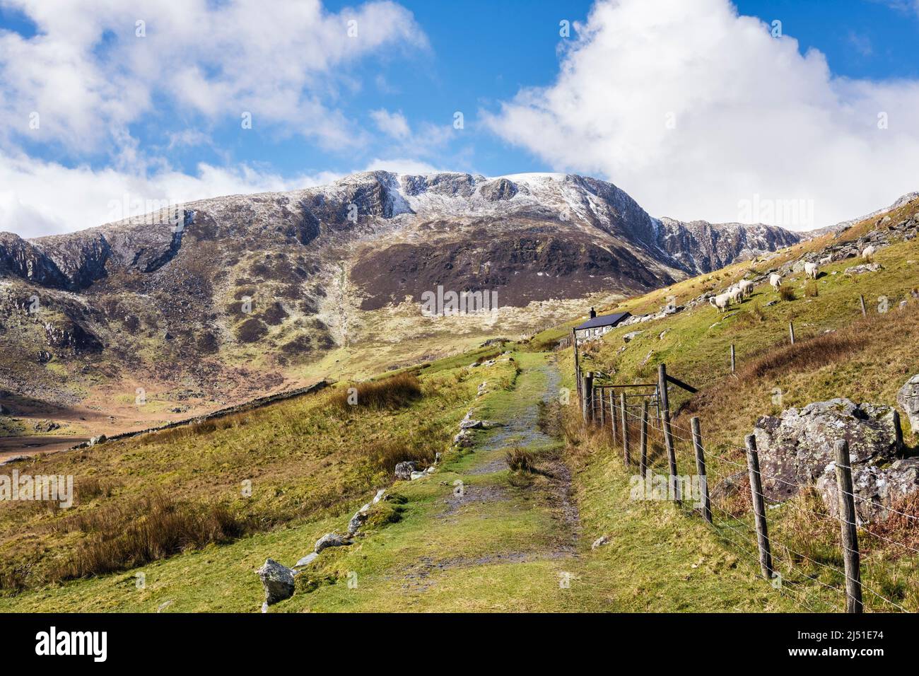 Pista e vecchio cottage in CWM Eigiau con Pen yr Helgi Du montagna nel Carneddau oltre la valle nel Parco Nazionale Snowdonia. Conwy, Galles settentrionale, U. Foto Stock