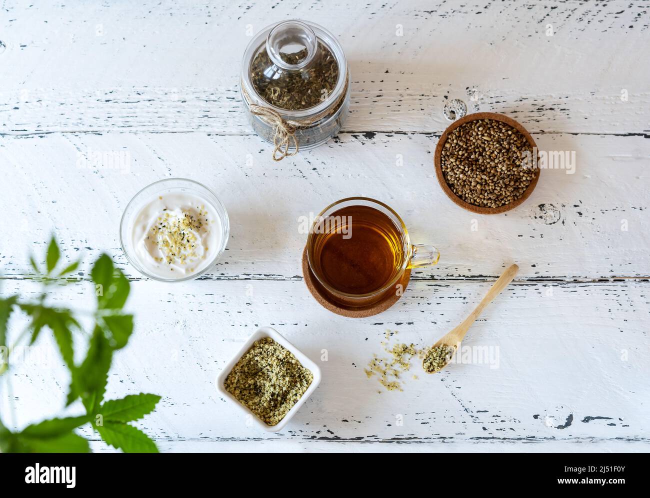 Prodotti di canapa: tè, semi sgusciati e interi, yogurt con semi, pianta di cannabis Foto Stock