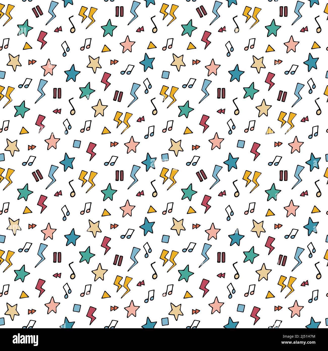 modello a 90s°. Sfondo funky senza giunture. Stelle semplici, tuoni e elementi di design alla moda di memphis su sfondo bianco. Illustri d'epoca Illustrazione Vettoriale