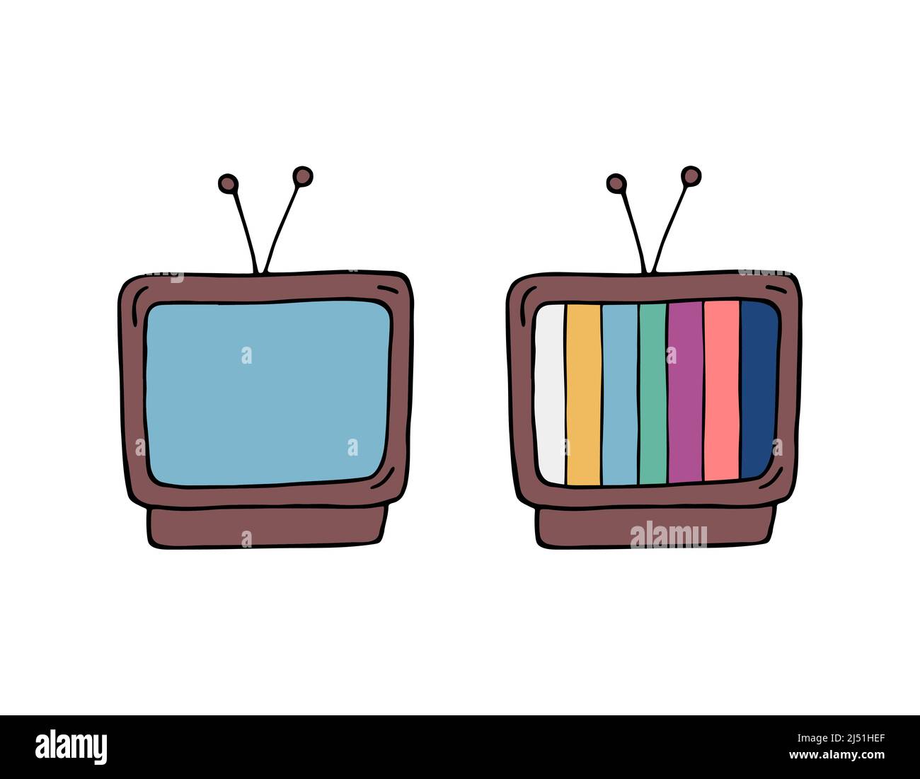 Doodle retro TV dal 1990s isolato. Televisione vintage con strisce colorate e vuoto. Illustrazione di un doodle vettoriale colorato su sfondo bianco. Illustrazione Vettoriale
