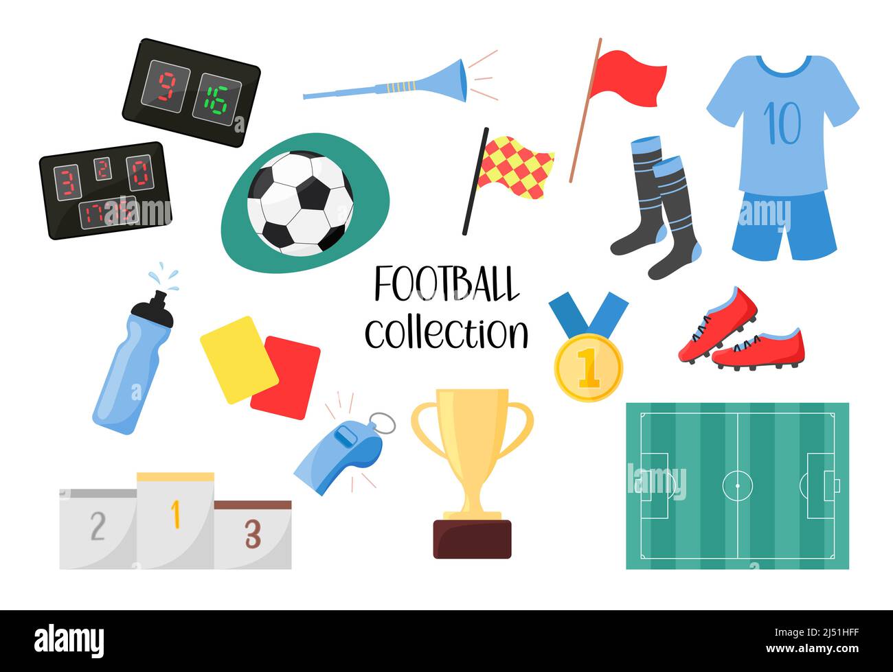 Set di elementi da calcio. Collezione vettoriale di oggetti di gioco di calcio isolati su sfondo bianco. Illustrazione piatta di palla per il gioco di sport di calcio, equipaggiare Illustrazione Vettoriale