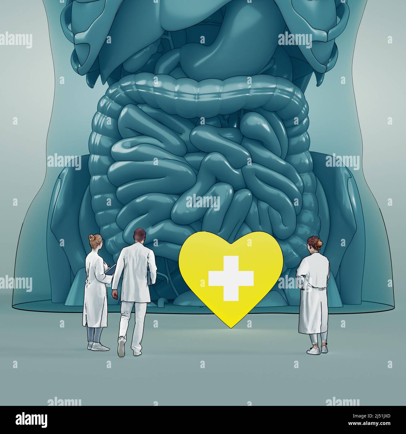 Minuscoli scienziati che studiano il tratto gastrointestinale e il sistema digestivo illustrazione isolata. Cartoon medici che fanno l'analisi dell'intestino Foto Stock