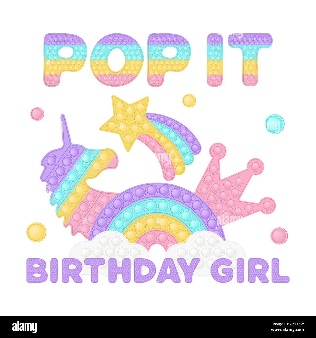 Papit compleanno ragazza sublimazione in stile fidget giocattolo. Il design della t-shirt è un giocattolo in silicone alla moda per il fedget di colore viola. Bubble pop it compleanno Illustrazione Vettoriale