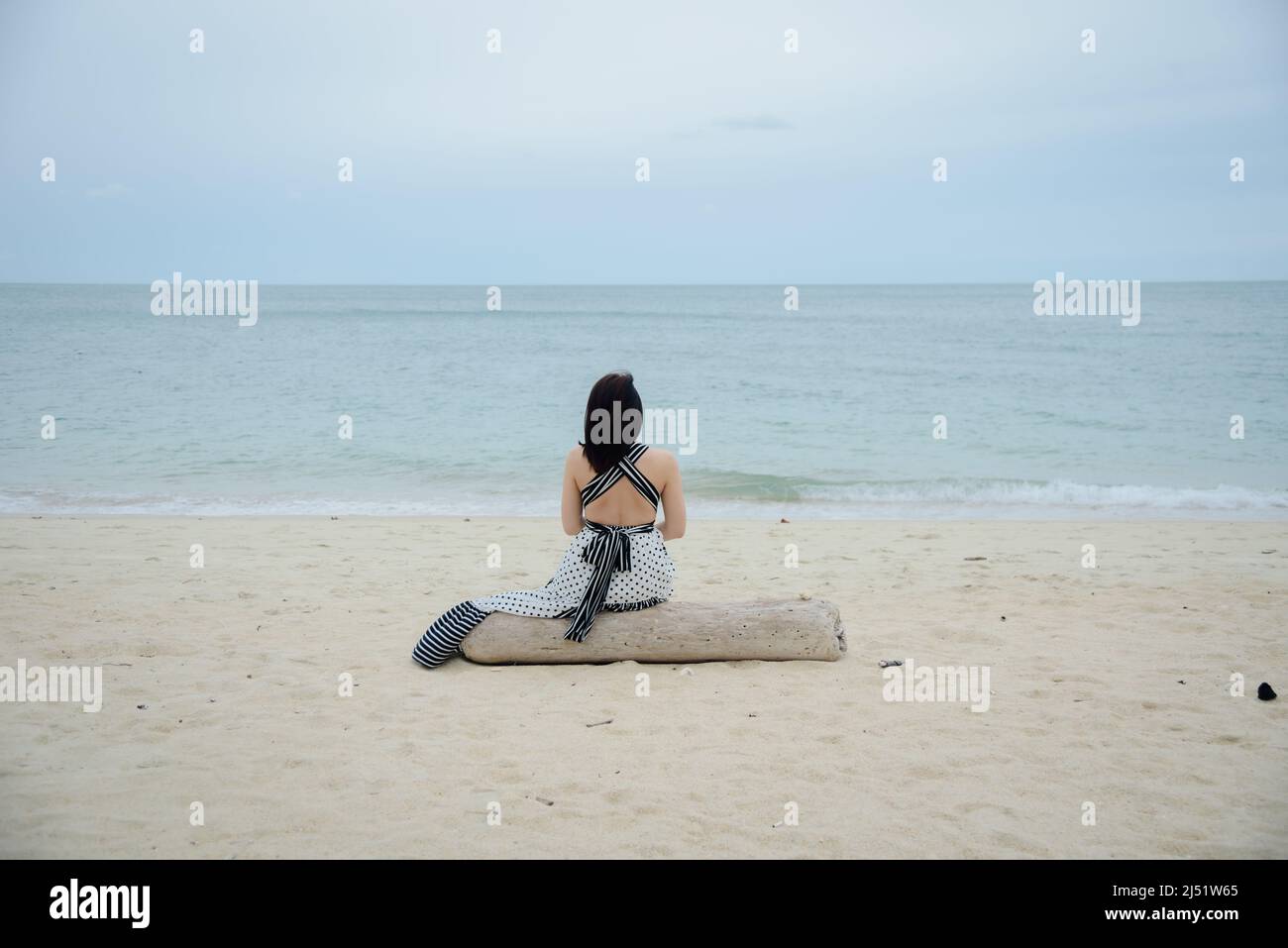 Vista posteriore di una donna solitaria seduta sul tronco e guardando al mare. Foto Stock