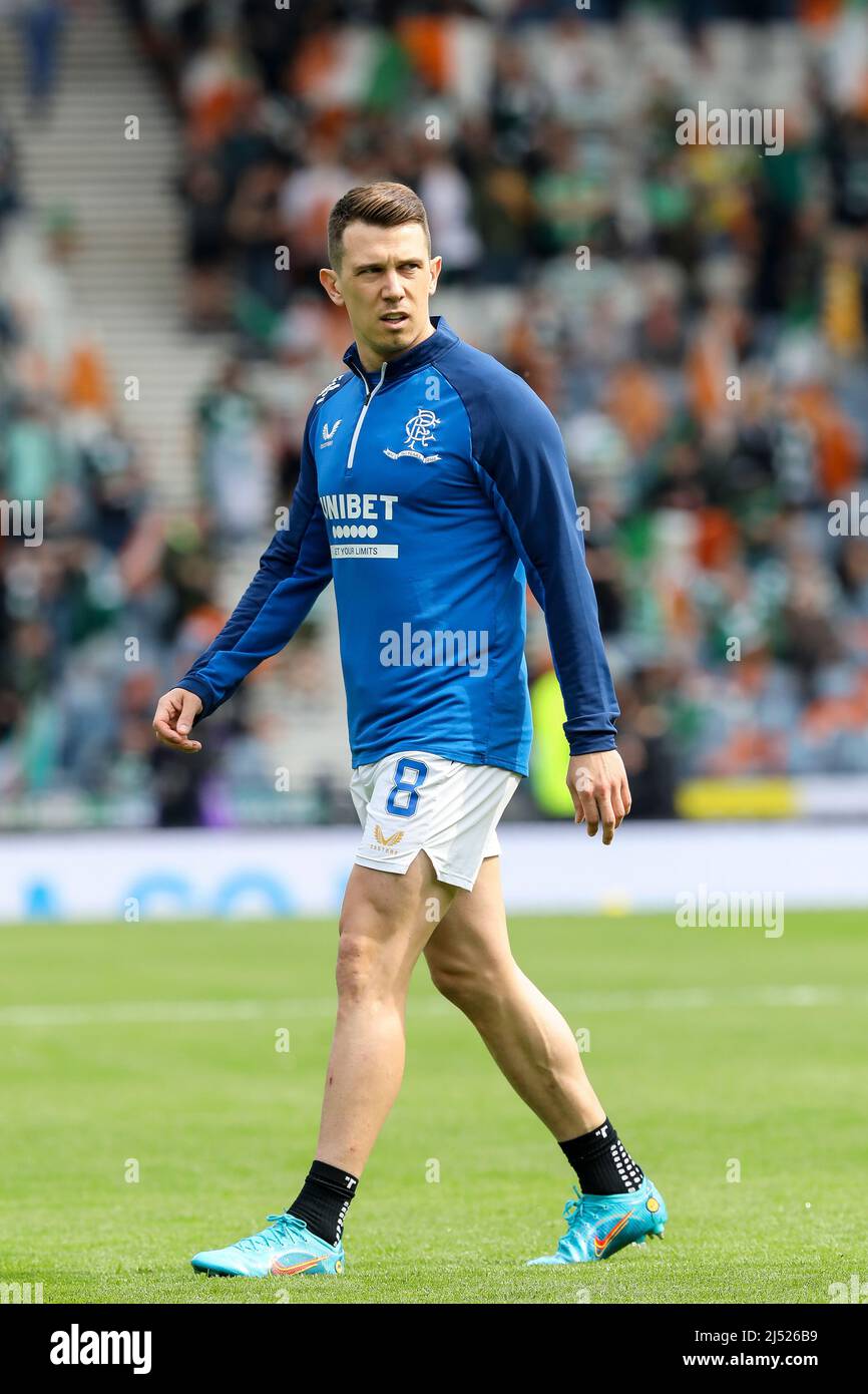 Ryan Jack, giocando con Rangers FC, Glasgow, allenando e riscaldando a Hampden Park, Glasgow, Scozia, Regno Unito Foto Stock