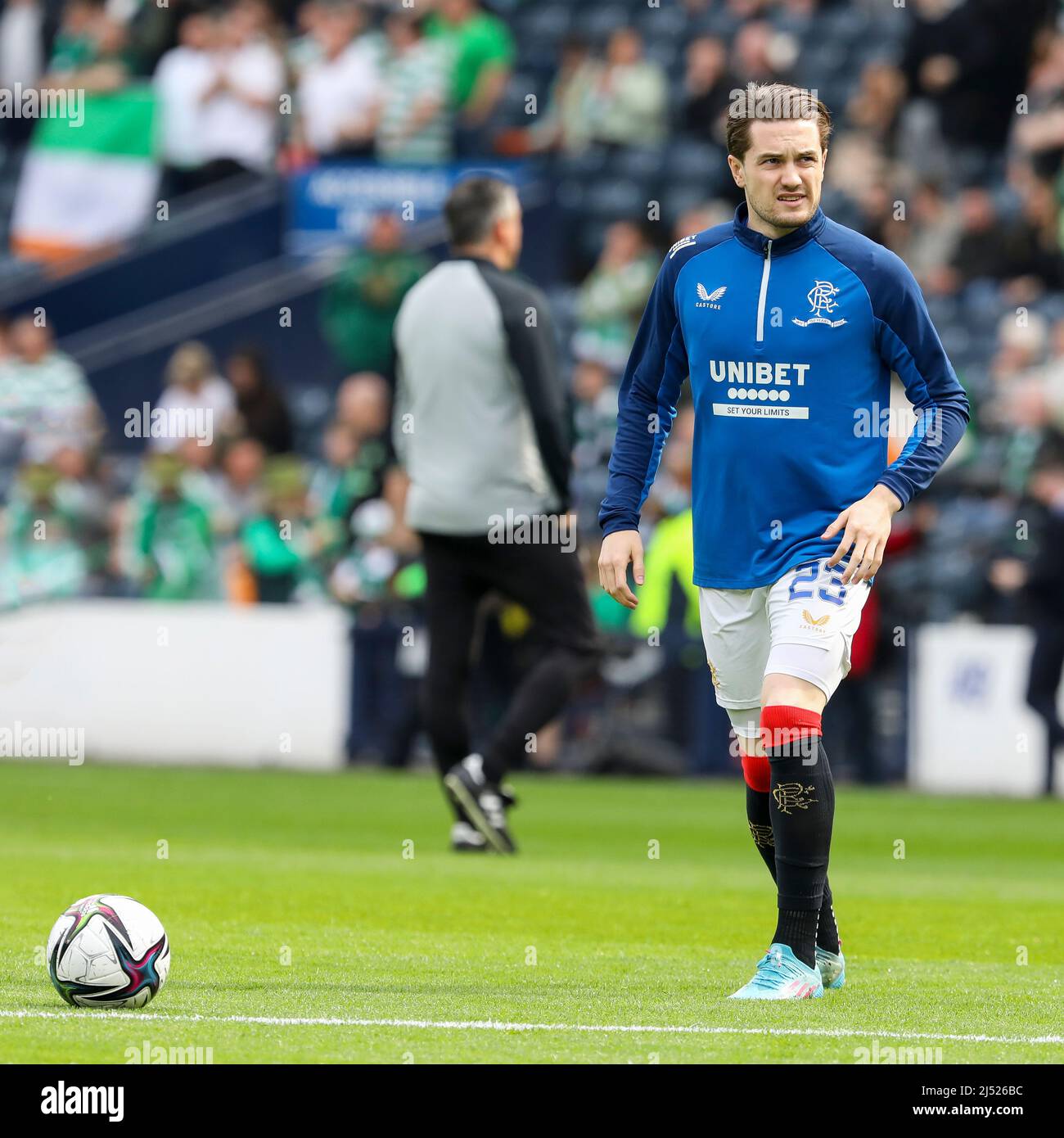 Scott Wright, giocando con Rangers FC, Glasgow, allenando e riscaldando a Hampden Park, Glasgow, Scozia, Regno Unito Foto Stock
