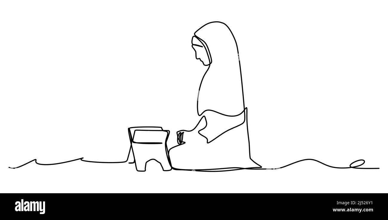 Singola linea continua disegno di una donna che legge Holly Quran nel mese di Ramadhan Kareem. Linea disegno di stile a mano per concetto di religione Illustrazione Vettoriale