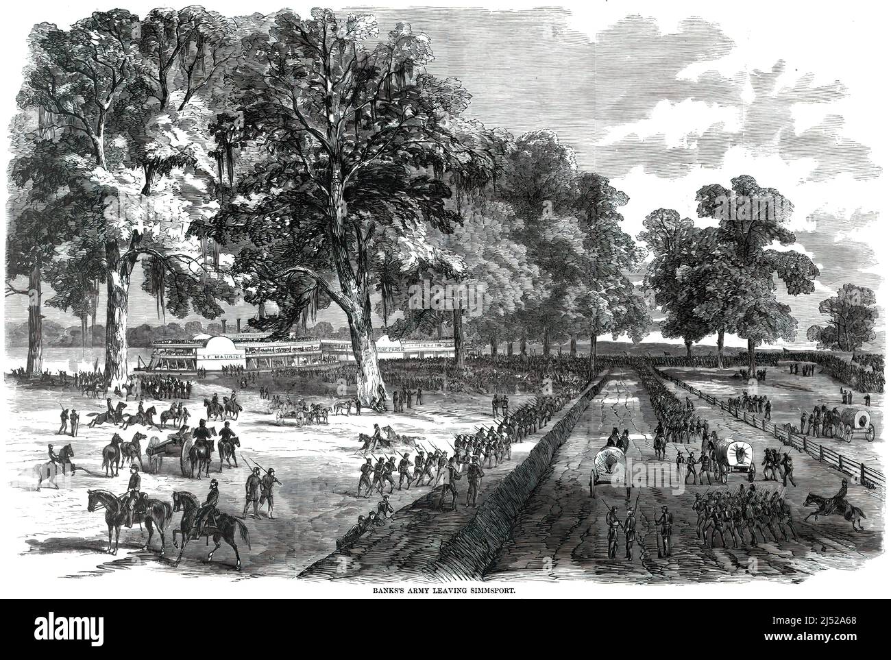 L'esercito del generale Nathaniel P. Banks lascia Simmesport, Louisiana, durante la guerra civile americana. incisione del 19th secolo. Foto Stock