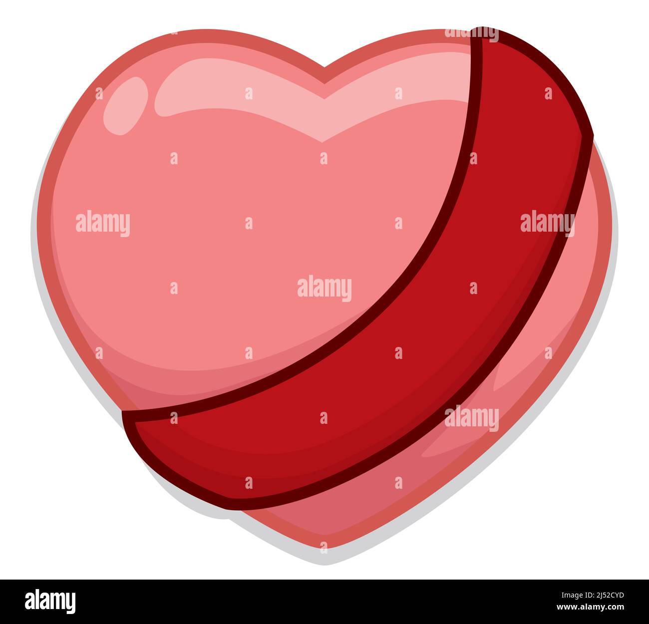 Cuore rosso lucido con nastro rosso come un telaio che lo attraversa. Design in stile cartone animato e isolato su sfondo bianco. Illustrazione Vettoriale