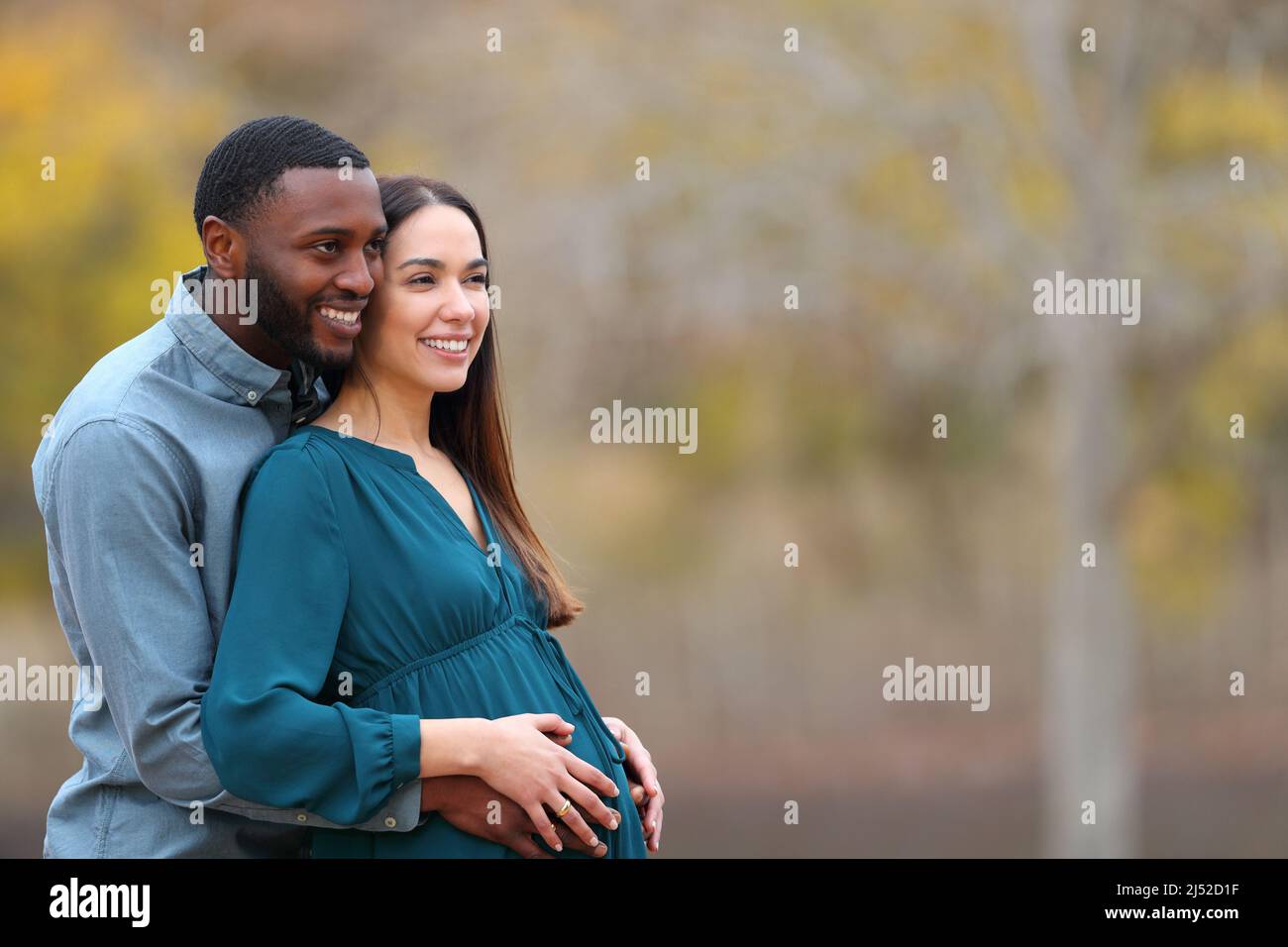 Felice coppia interrazziale con la moglie incinta che guarda via in un parco Foto Stock