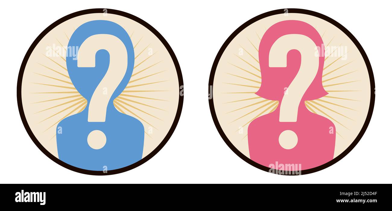 Coppia di cerchi con misteriosa silhouette uomo e donna con punti interrogativi all'interno. Illustrazione Vettoriale