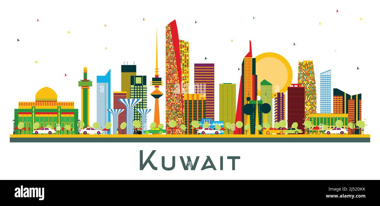 Skyline della città di Kuwait con edifici a colori isolati su White. Illustrazione vettoriale. Concetto di viaggio d'affari e di turismo con architettura moderna. Illustrazione Vettoriale